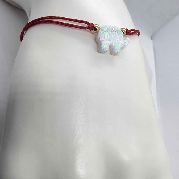 Red String Bracelet with White Fire Opal Elephant Design - Picture 2 of 4